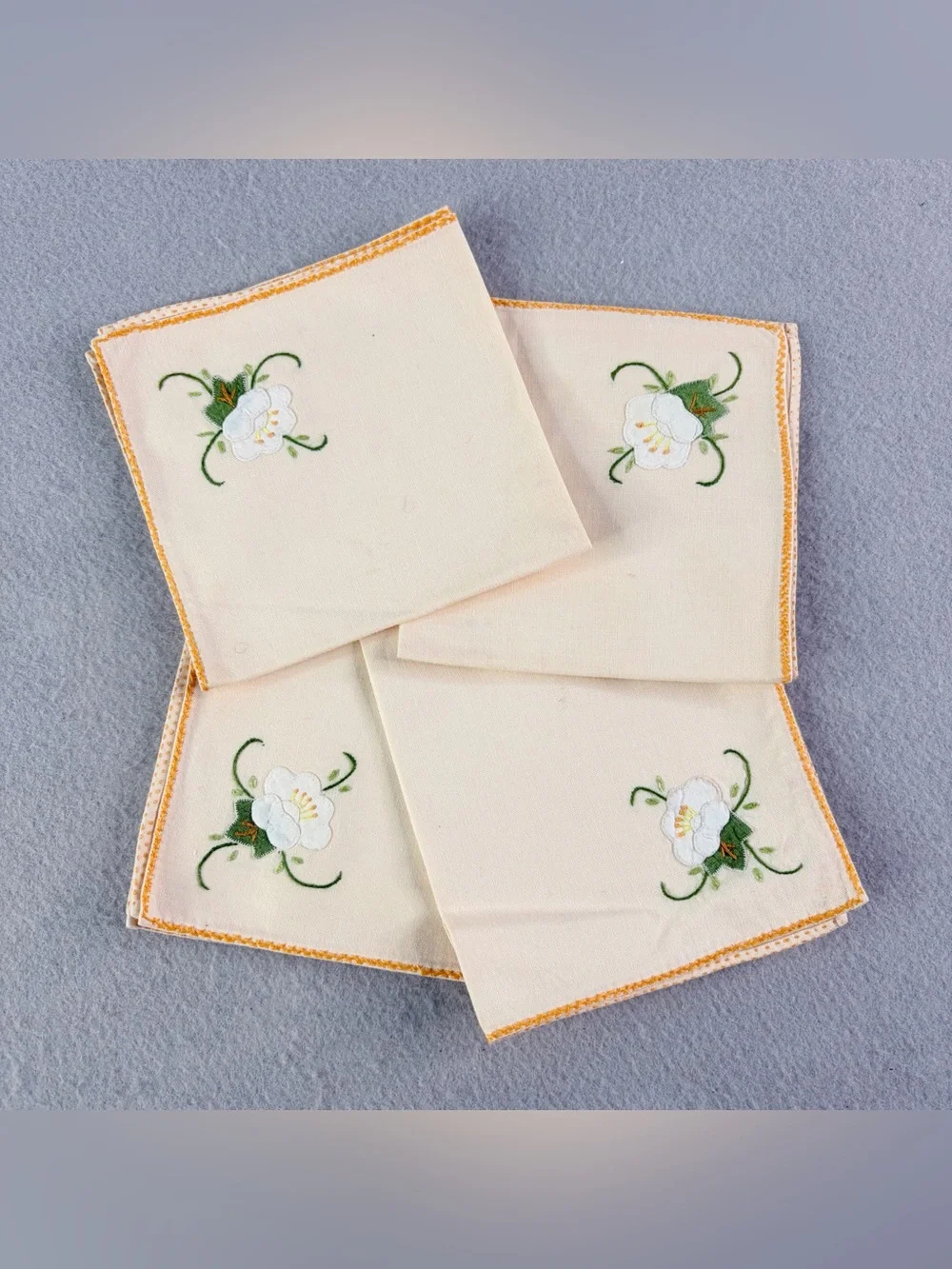 Vintage Ivory Embroidered Napkin Set 4 Floral Appliqué Handmade Cottagecore